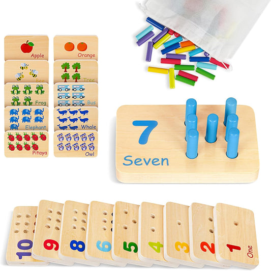Wooden peg board toddler toy with 55 colorful pegs, educational Montessori math manipulatives for kids and kindergarten learning activities.