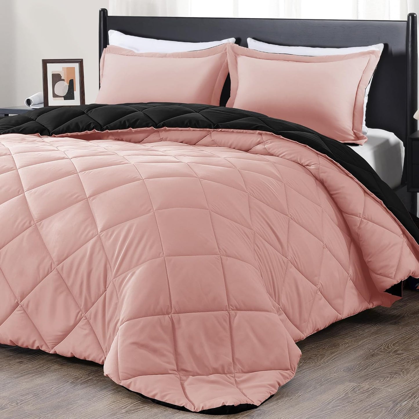 Pink and black twin comforter set with matching pillow sham, soft all-season bedding, 66x92 inch comforter and 20x26 pillow sham