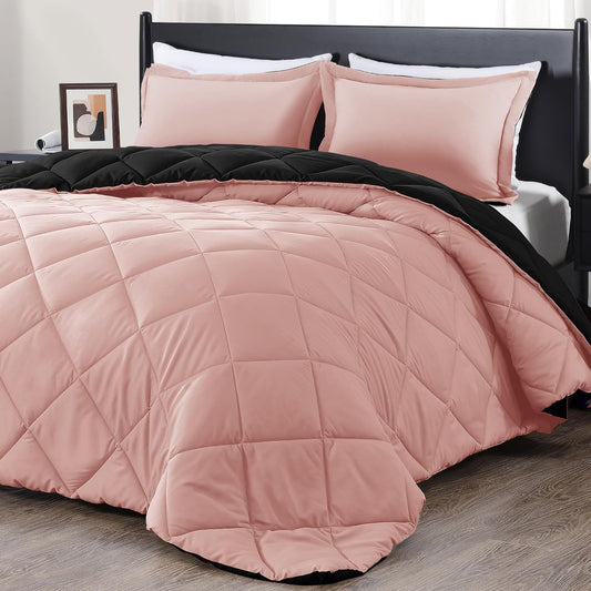 Pink and black twin comforter set with matching pillow sham, soft all-season bedding, 66x92 inch comforter and 20x26 pillow sham