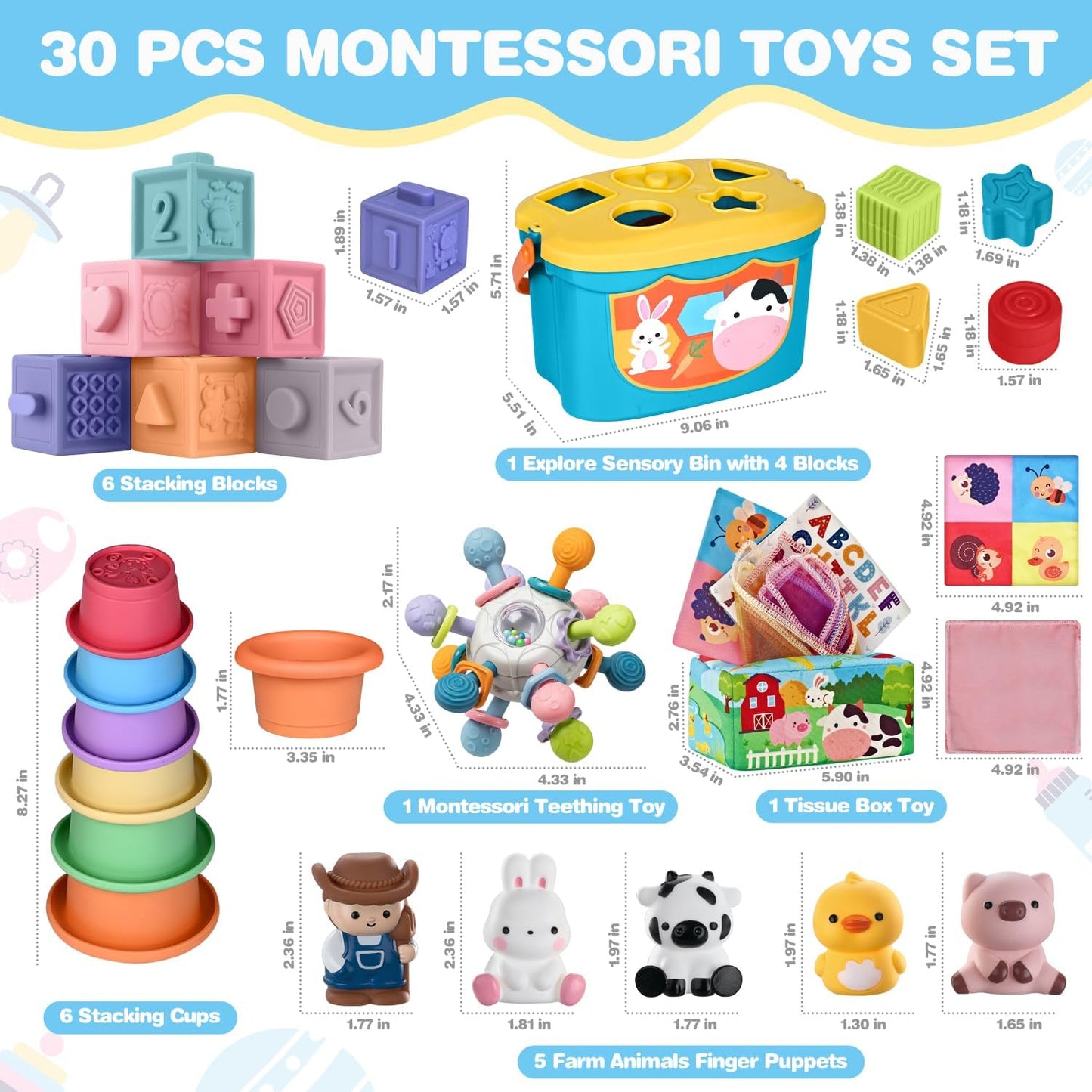 X With Love baby Montessori toy set for 6-12 months, includes soft sensory teething toys, stacking cups, shape sorter, and finger puppets.