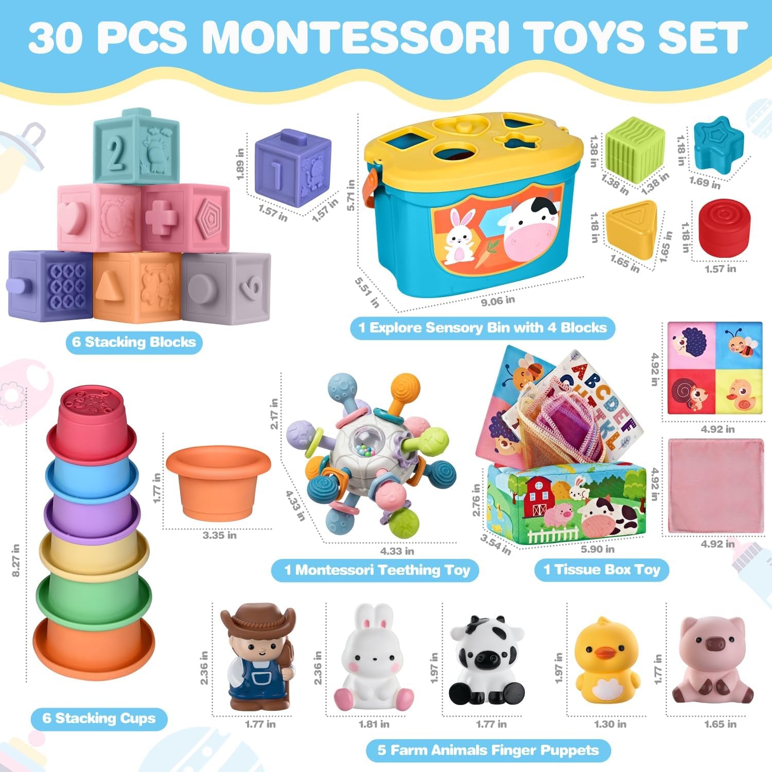 X With Love baby Montessori toy set for 6-12 months, includes soft sensory teething toys, stacking cups, shape sorter, and finger puppets.