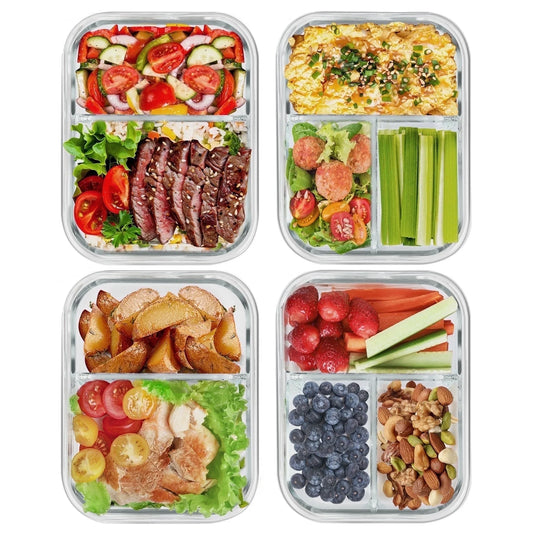 Eight glass food storage containers with grey lids, including 2- and 3-compartment meal prep containers, oven and freezer safe.