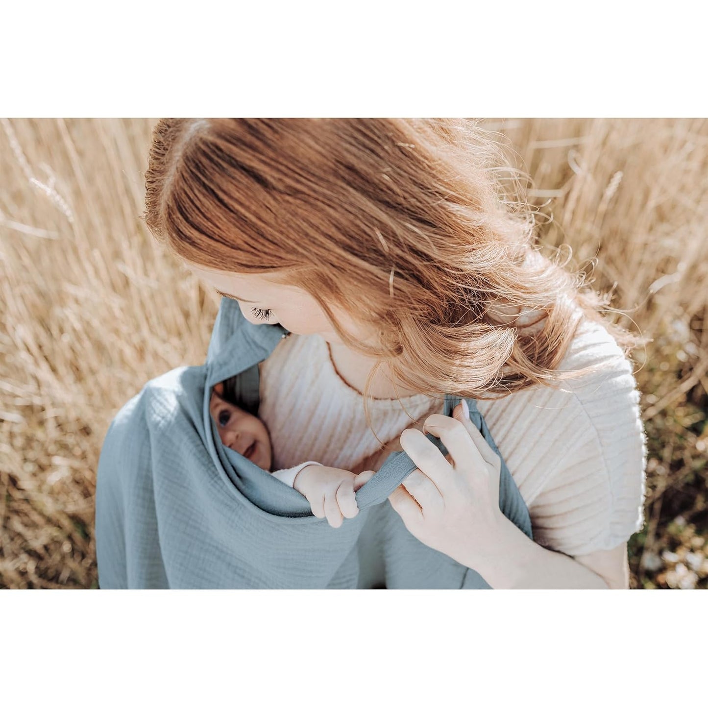 Blue X With Love muslin nursing cover with rigid hoop, breathable 100% cotton breastfeeding apron and carseat canopy for mothers.