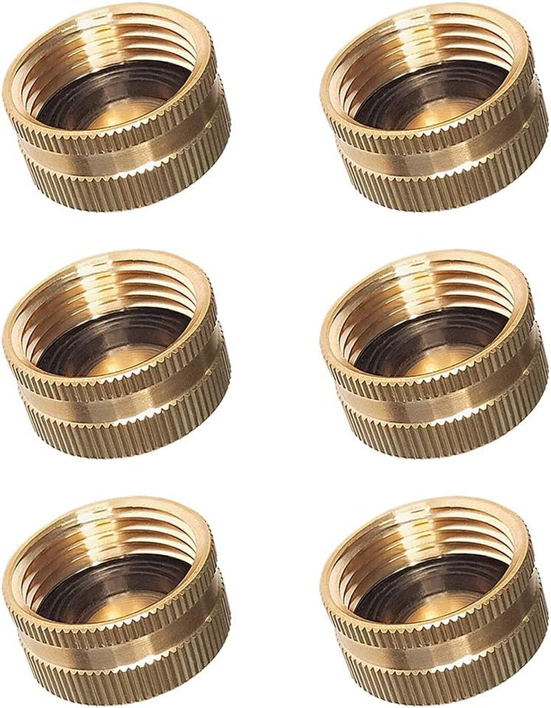 Six brass garden hose caps with washers and female fittings, 3/4 inch NH, for garden hose connectors by X With Love.