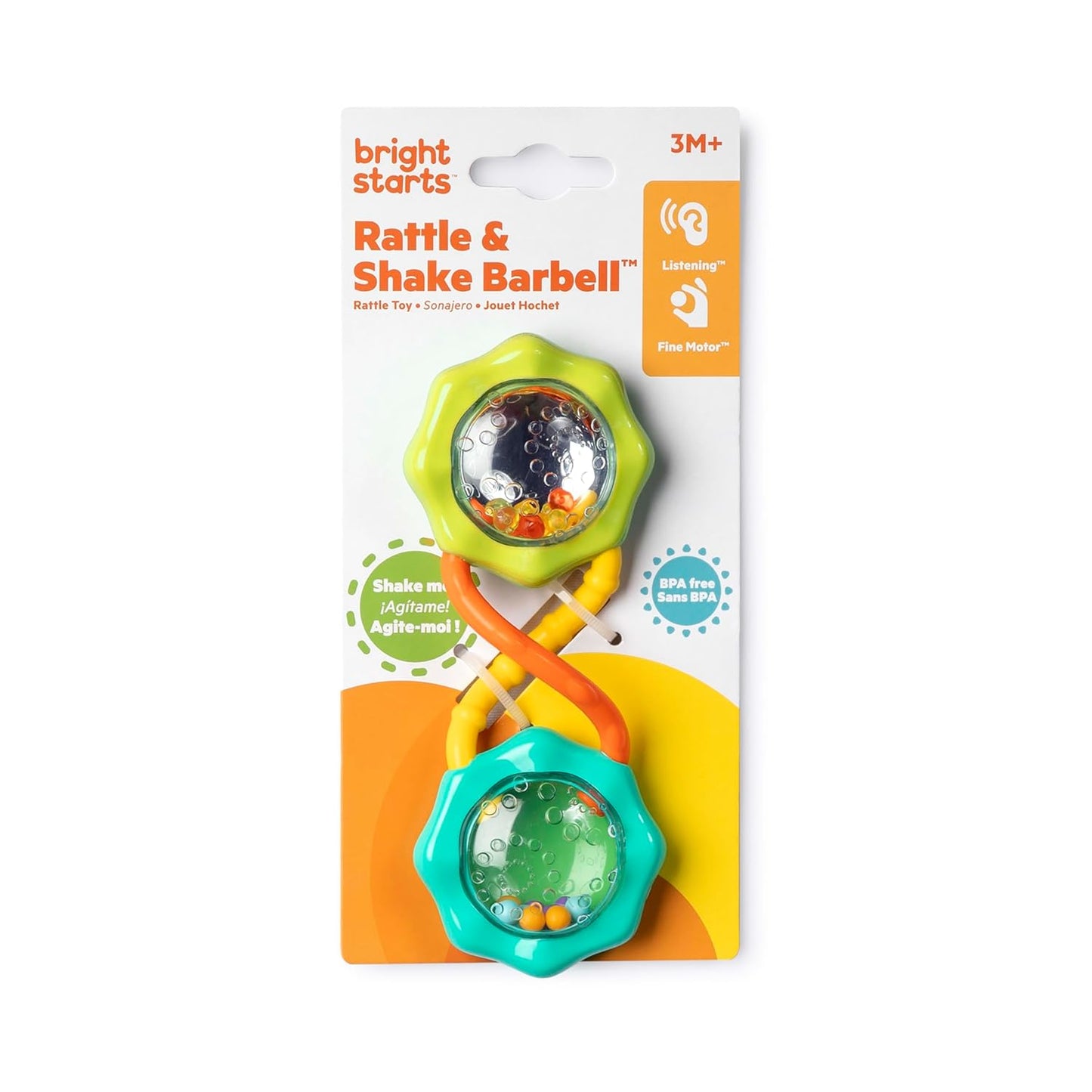 Green Rattle & Shake Barbell toy for babies ages 3 months and up, featuring colorful handles and a lightweight design.