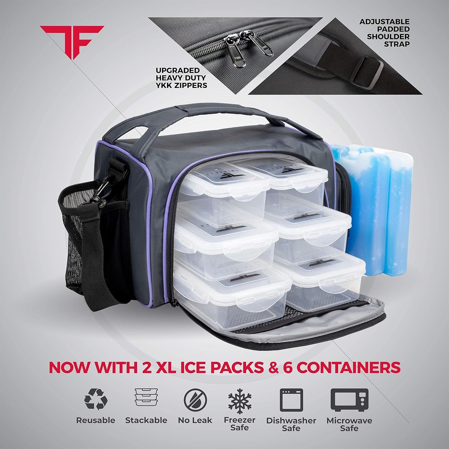 Purple insulated meal prep lunch box with 6 portion containers, shaker cup, pill organizer, shoulder strap, and side pocket.
