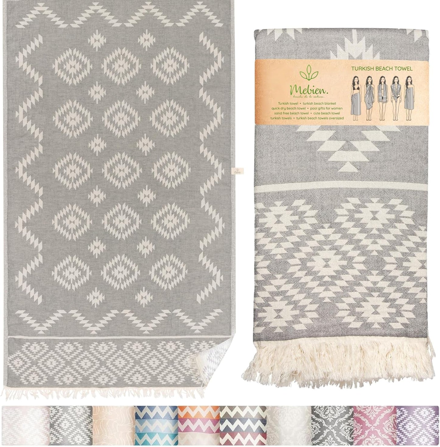 Dark grey Turkish beach towel by My Store, lightweight 100% cotton, quick-drying, sand-free, vintage style, 35x67 inches.