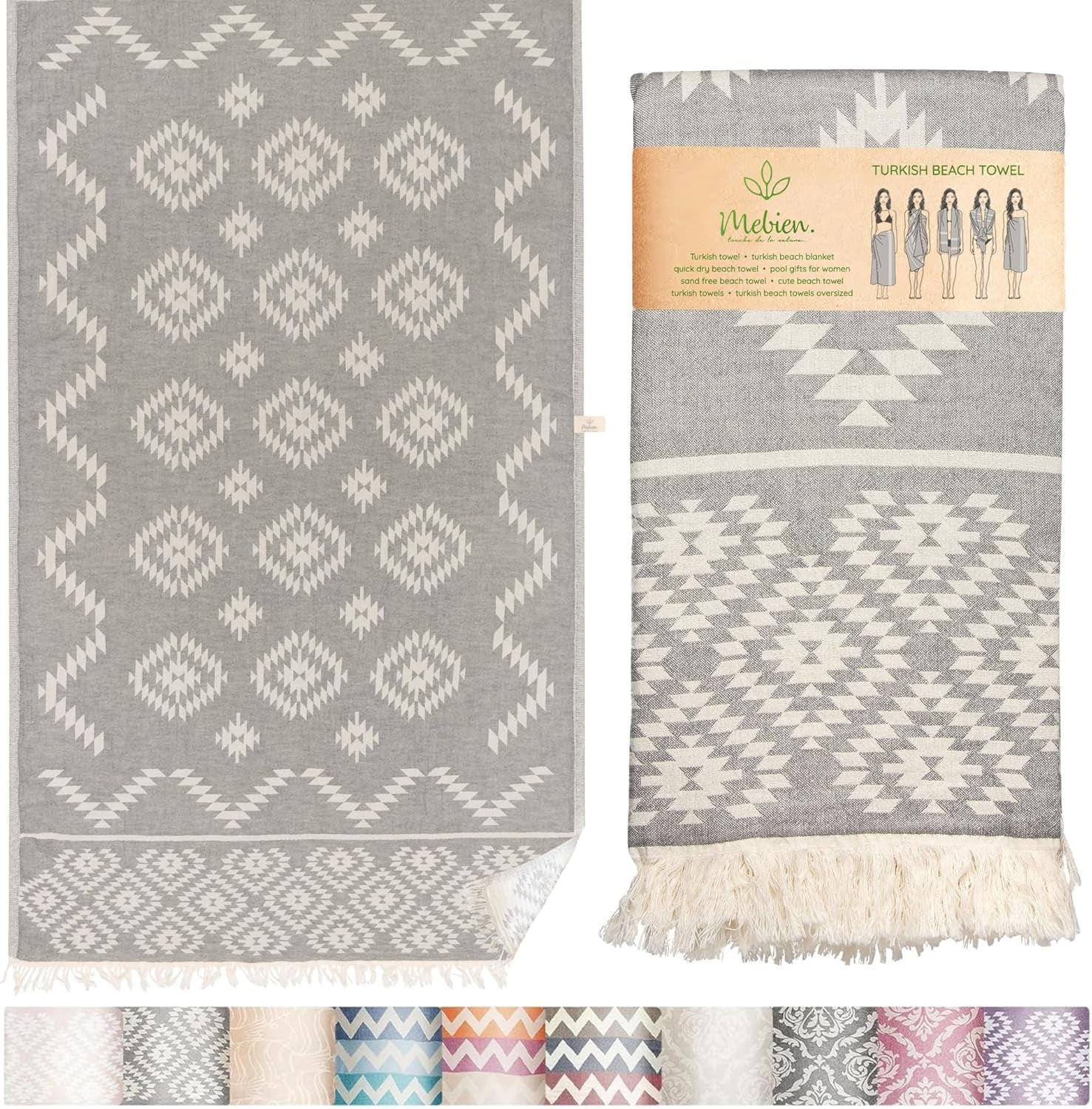 Dark grey Turkish beach towel by My Store, lightweight 100% cotton, quick-drying, sand-free, vintage style, 35x67 inches.