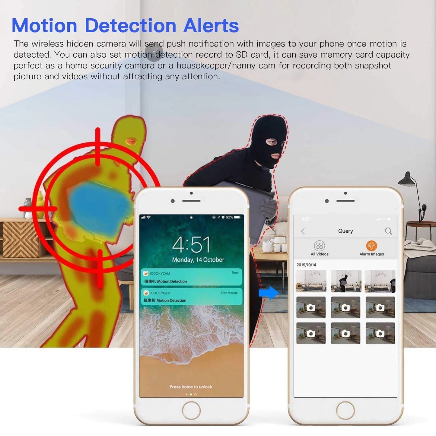 Mini wireless security camera by X With Love showing full HD 720P lens, night vision, and compact design for home or outdoor use
