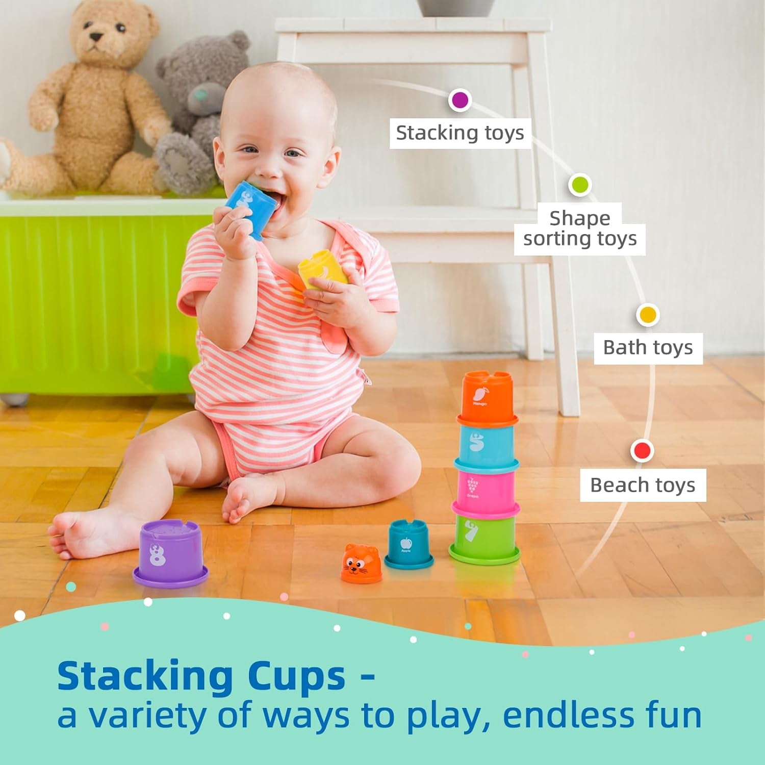 Montessori Toys for 1 Year Old, 8 in 1 Learning Educational Set Wooden Toys (Includes Stacking Cups, 3-In-1 Educational Box, Pound Bench, Shape Puzzle and More)