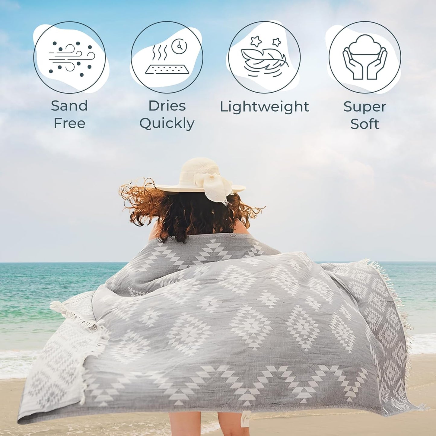 Dark grey Turkish beach towel by My Store, lightweight 100% cotton, quick-dry, sand-free, measuring 35x67 inches.