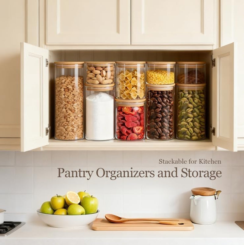 Set of six X With Love glass storage containers with airtight lids, labeled, stackable for pantry and kitchen food organization.