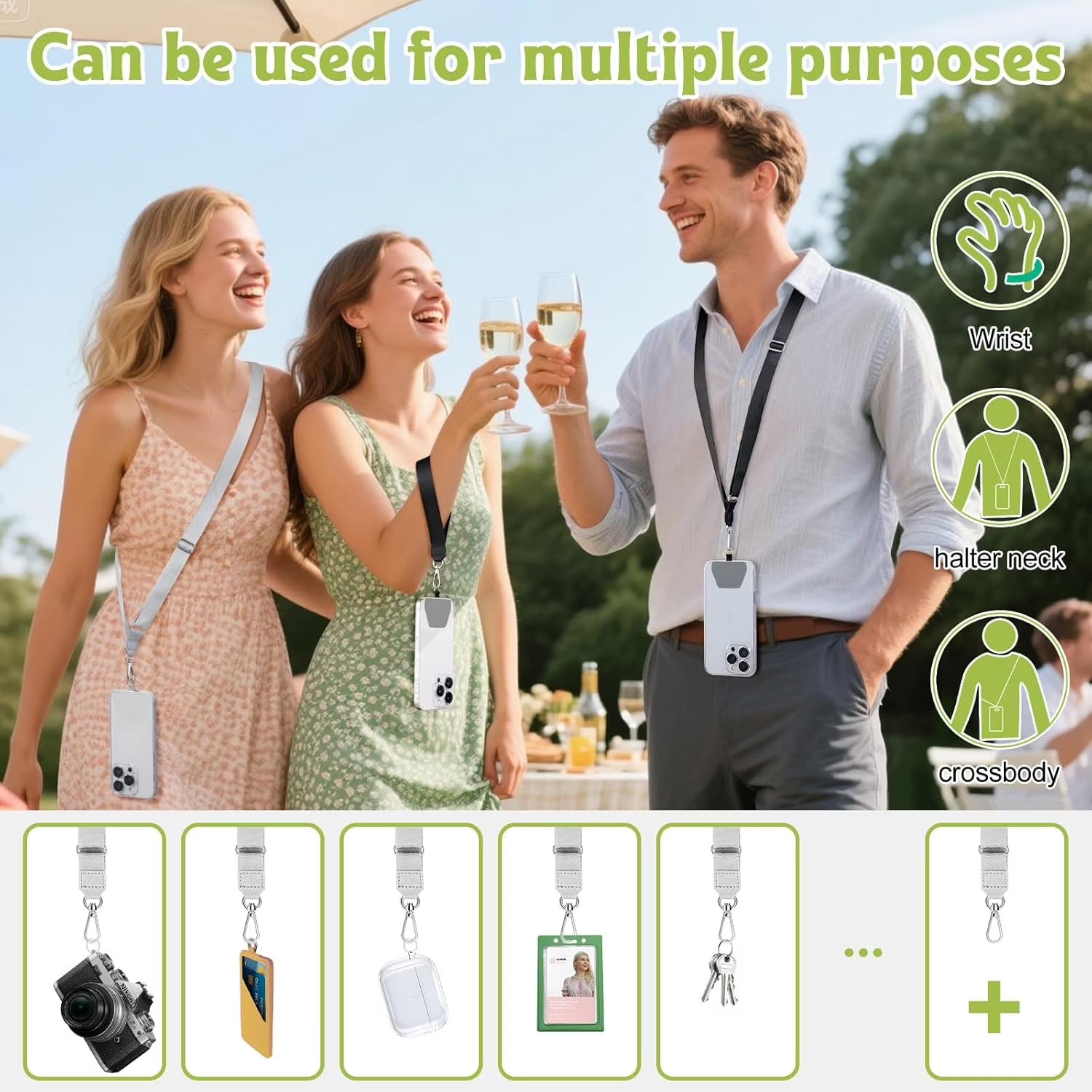 Three-pack black, gray, and pink adjustable phone lanyards for iPhone, Samsung, and smartphones with key and ID badge attachments.