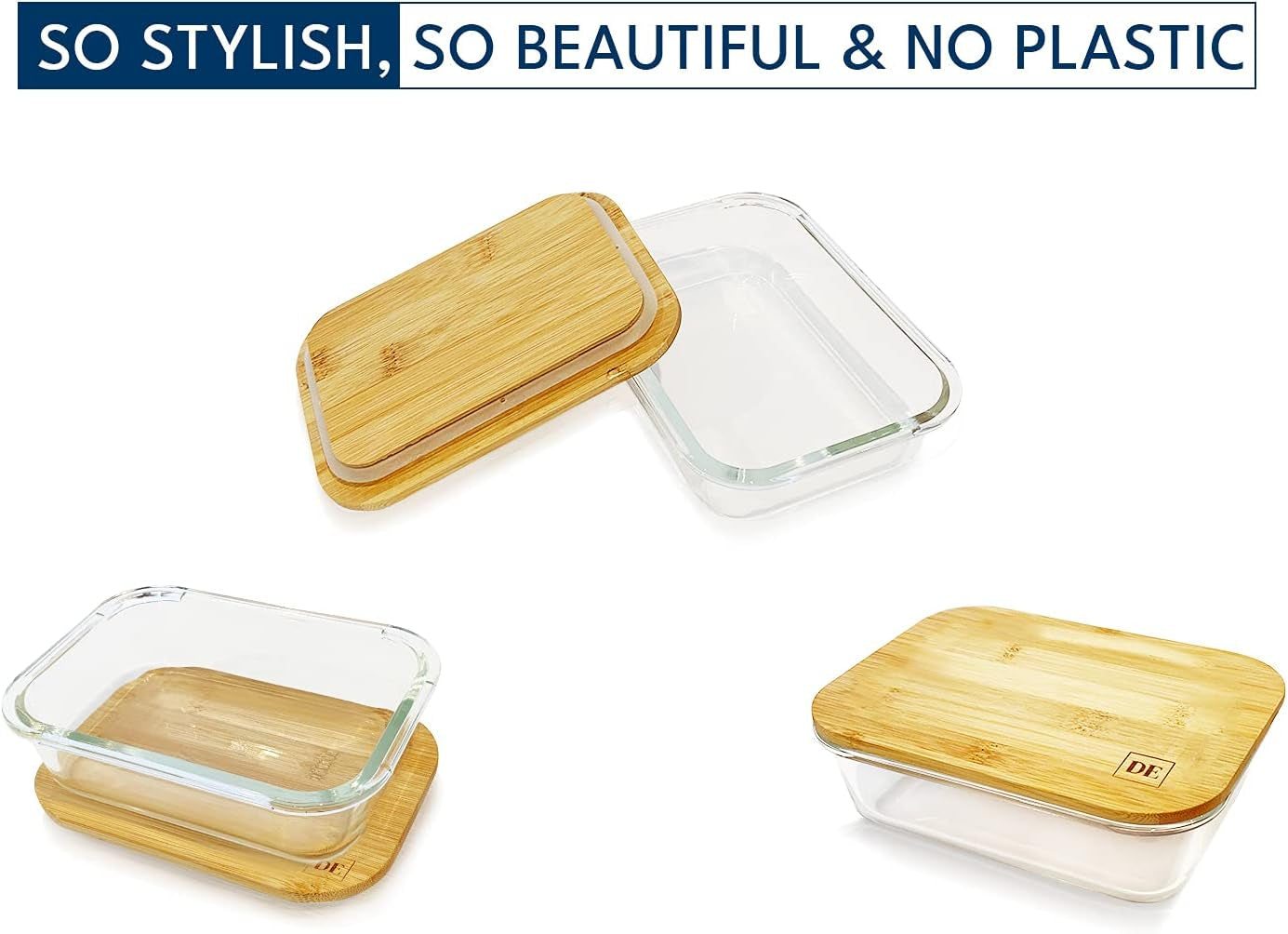 Set of four X With Love glass food storage containers with bamboo lids in various sizes, stackable, airtight, oven and microwave safe