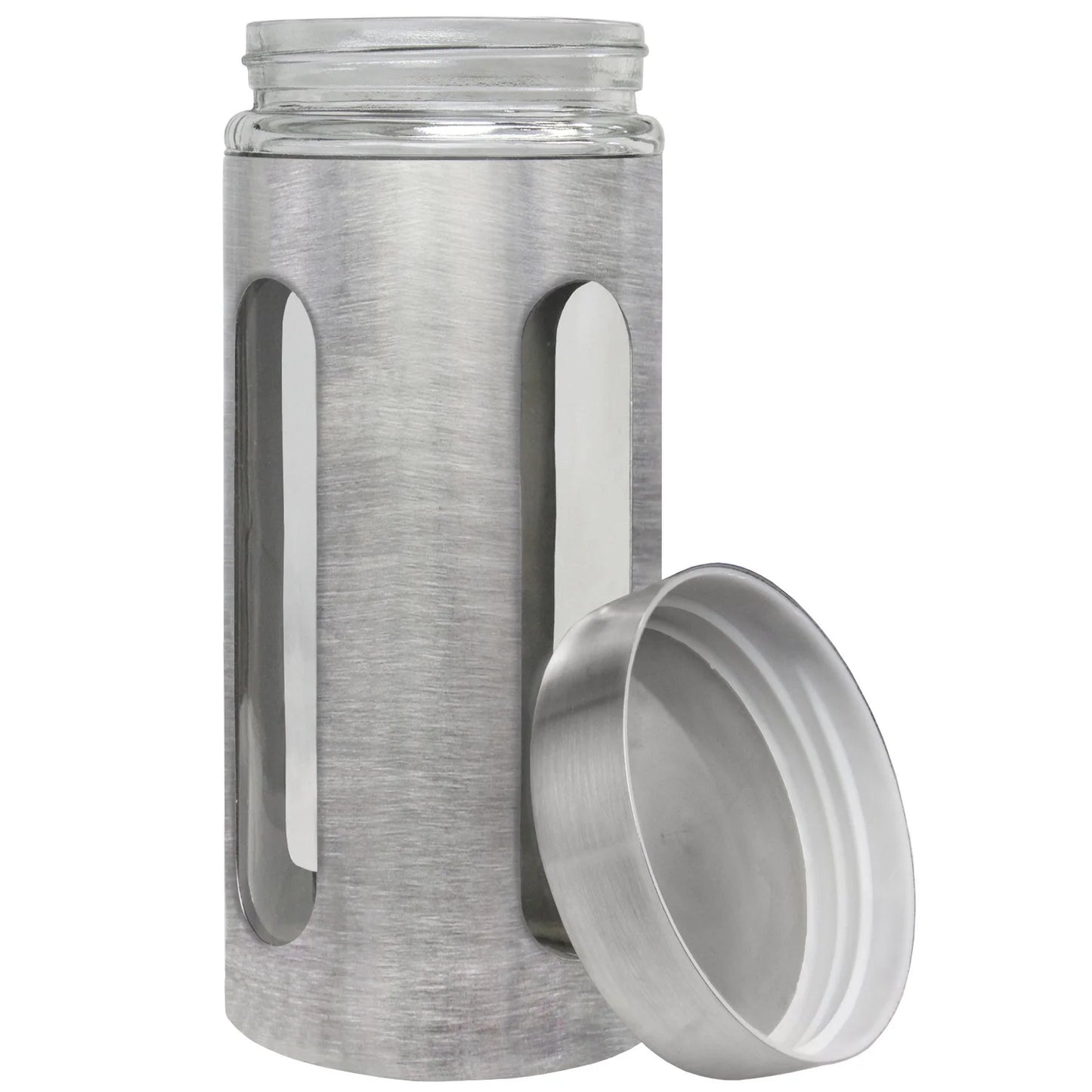 44oz stainless steel canister with clear window by X With Love, featuring a sleek design for kitchen storage.