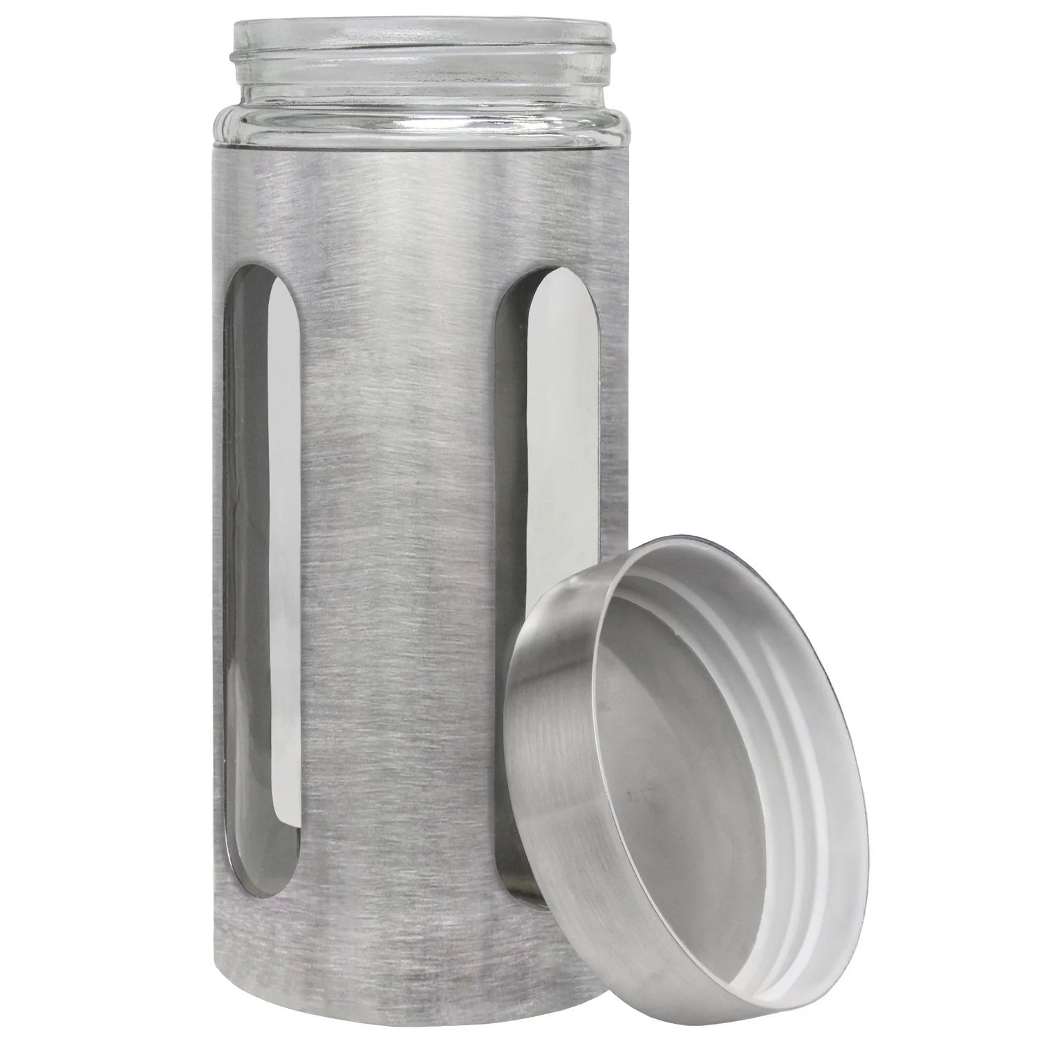 44oz stainless steel canister with clear window by X With Love, featuring a sleek design for kitchen storage.