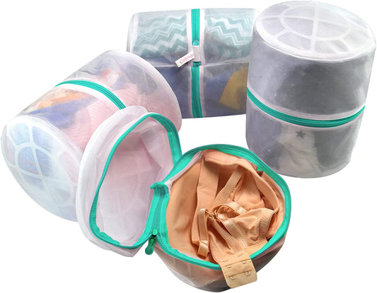 Set of four mesh laundry bags for delicates, durable protective wash bags for lingerie and travel storage, 6.5 x 8 inches.