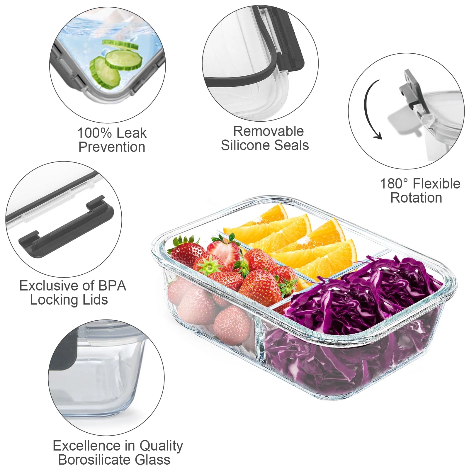 Set of 8 X With Love glass food storage containers with lids, 2-3 compartment, oven and freezer safe, leak-proof meal prep containers in grey.