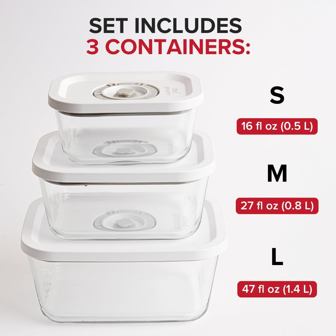 X With Love glass vacuum seal containers for food storage, 3-piece set with small, medium, and large sizes for vacuum sealer use