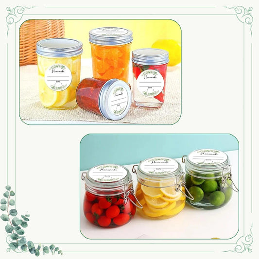 Set of 500 waterproof green watercolor plant design canning jar labels for Mason jars, with date lines for homemade jams and pantry storage.
